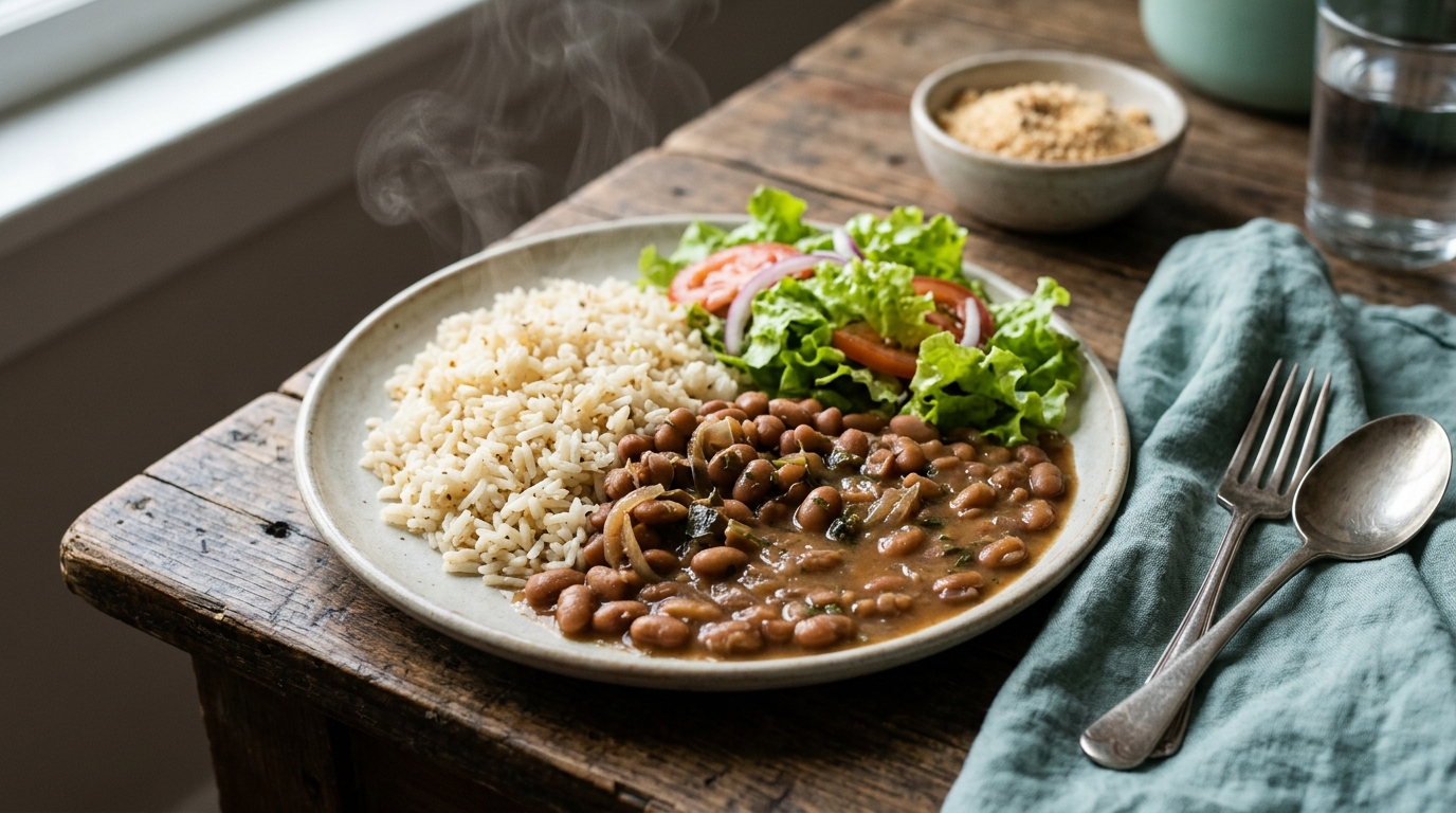 Prato com arroz e feijão carioca, com uma salada verde ao lado, sobre uma mesa rústica