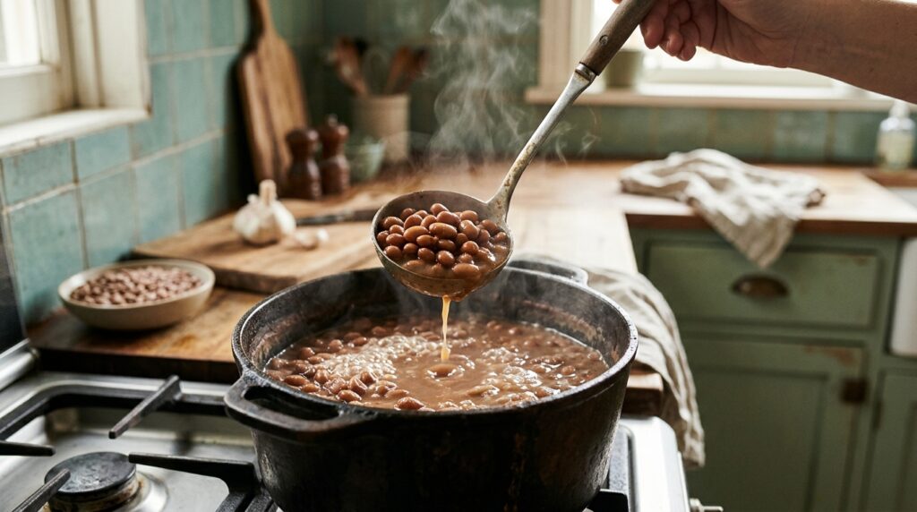 Panela de feijão carioca cozinhando no fogão, com uma concha levantando alguns grãos