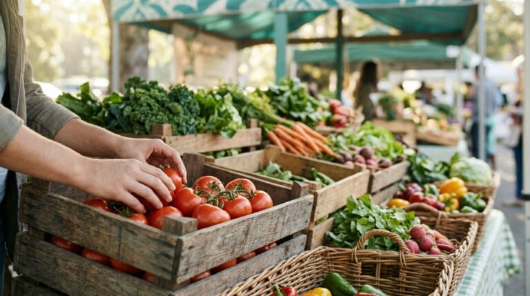 Mãos escolhendo tomates numa banca de feira com frutas e legumes frescos em caixas de madeira