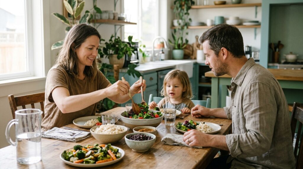 Família de três pessoas almoçando em volta de uma mesa de madeira, com arroz, feijão, salada e legumes