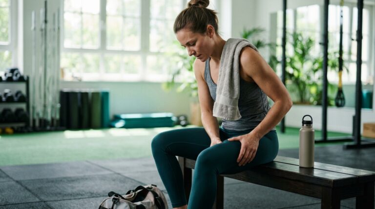 Pessoa sentada num banco de academia massageando a coxa depois do treino