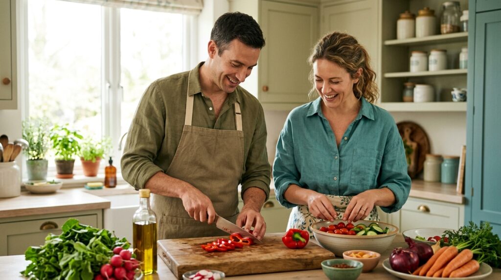 Duas pessoas preparando uma salada colorida juntas numa cozinha clara