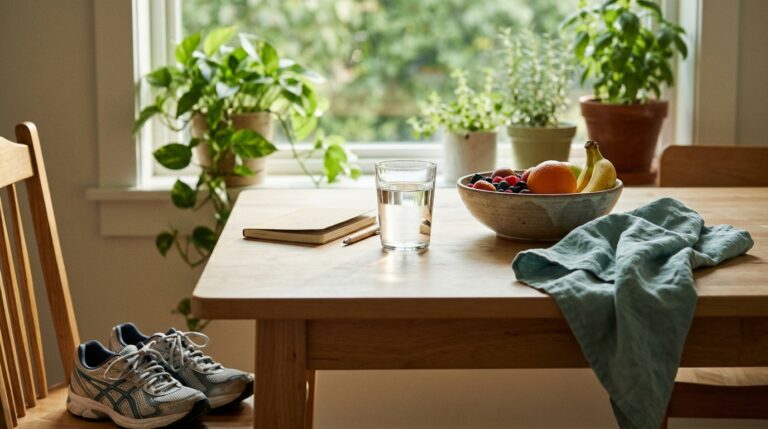 Mesa de cozinha com copo de água, tigela de frutas, tênis de corrida e um caderno