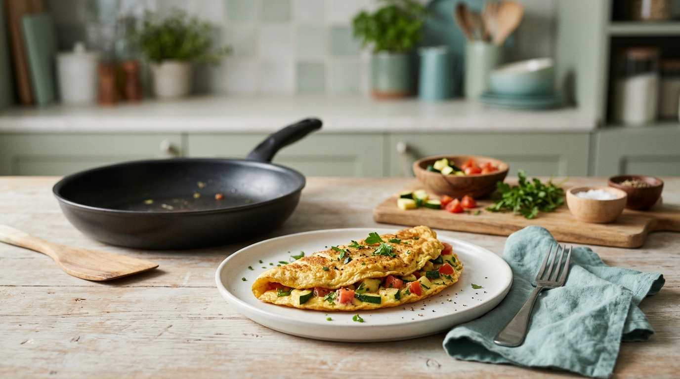Omelete dourada dobrada com pedaços de abobrinha e tomate num prato branco, com uma frigideira ao lado
