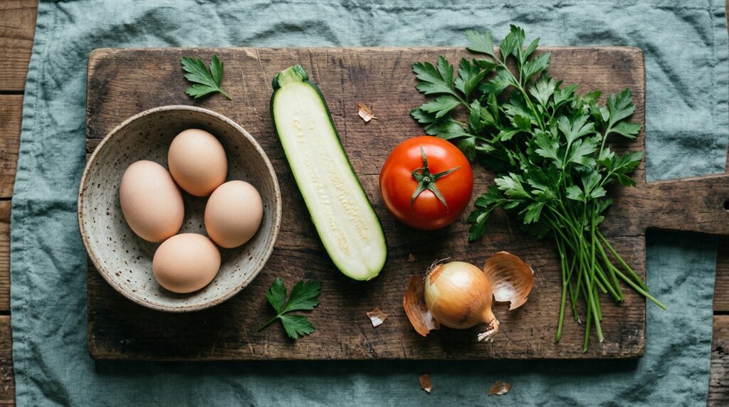 Ovos, abobrinha, tomate, cebola e salsinha sobre uma tábua de madeira