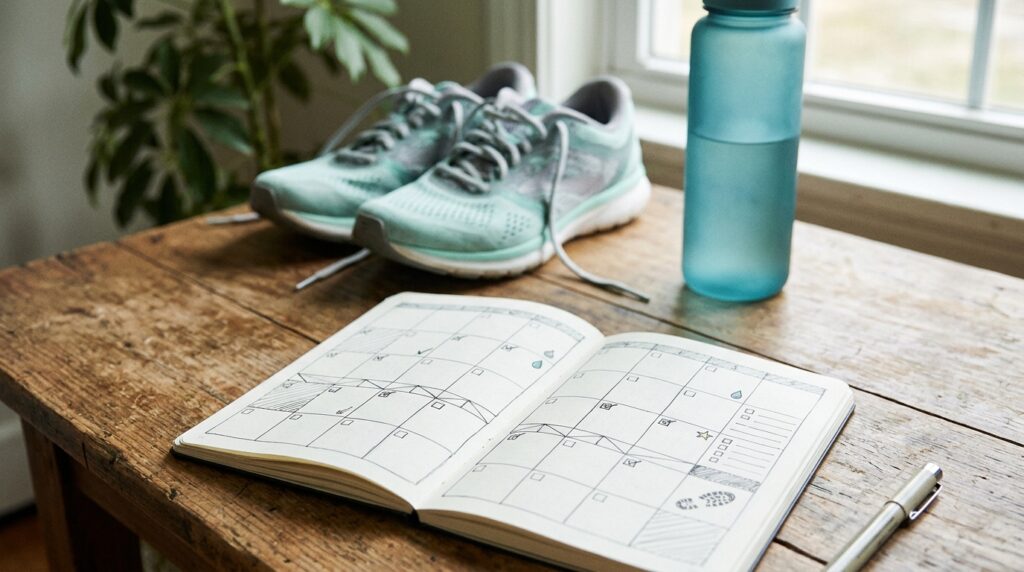Caderno aberto com um calendário semanal desenhado à mão, ao lado de tênis de corrida e uma garrafa de água sobre uma mesa de madeira