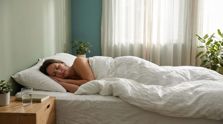 Pessoa dormindo tranquila numa cama com lençóis brancos e luz suave da manhã