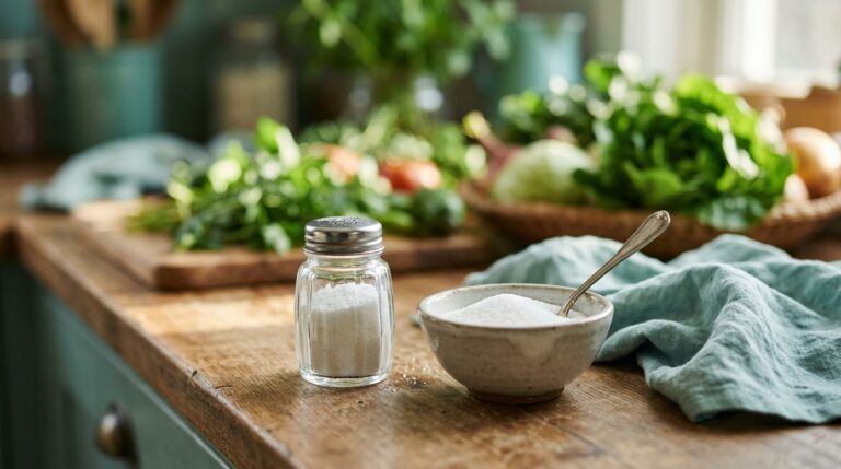 Saleiro de vidro e pote com açúcar branco sobre uma bancada de madeira, com legumes frescos ao fundo