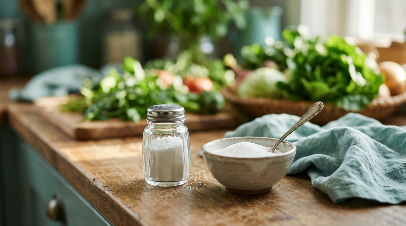 Saleiro de vidro e pote com açúcar branco sobre uma bancada de madeira, com legumes frescos ao fundo