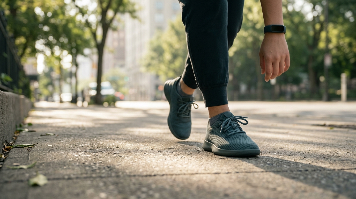 Tênis de corrida em movimento numa calçada, com pulseira de atividade no pulso