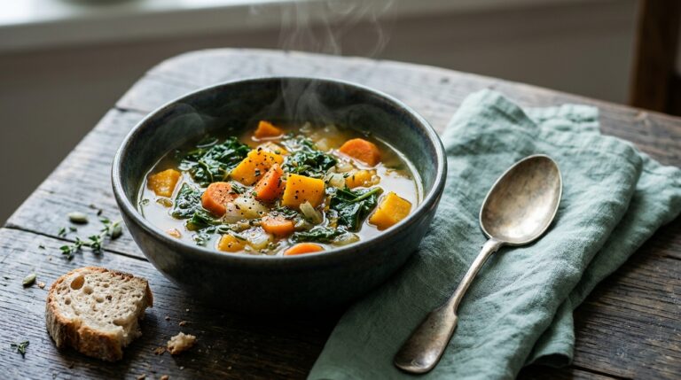 Tigela de sopa de legumes com cenoura, abóbora e folhas verdes, com uma colher ao lado